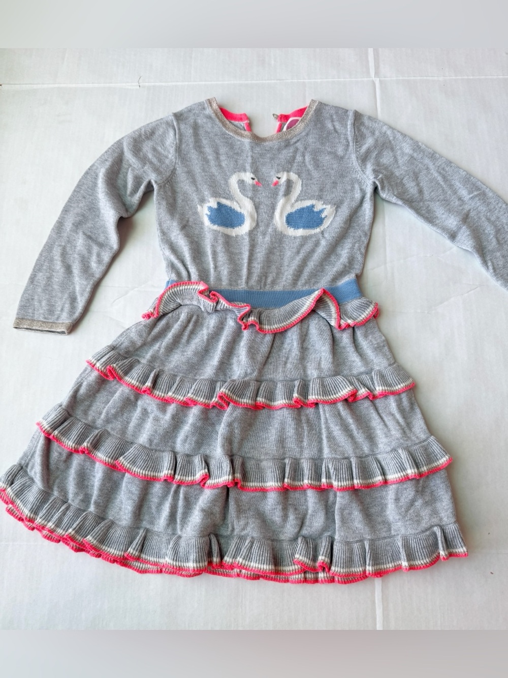 Mini Boden Girls Gray Swan Tiered Ruffle Sweater Dress size 4-5Y